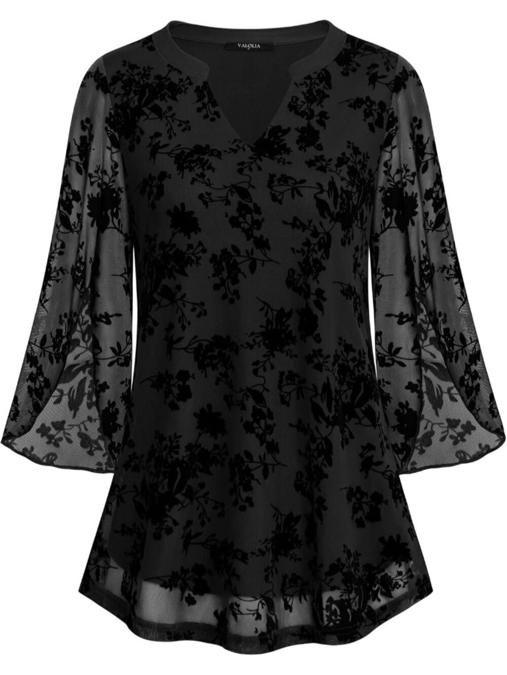 VALOLIA Women's Tops Black 3/4 Sleeve Floral V Neck Double Layers Mesh Blouses